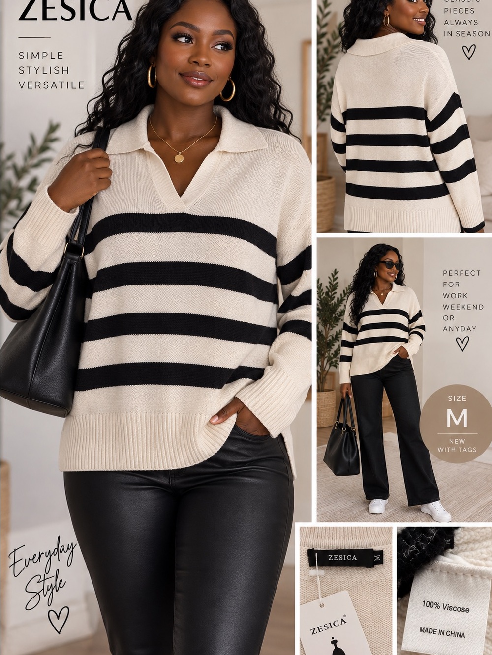 Zesica Cream & Black Striped V-Neck Sweater - Women